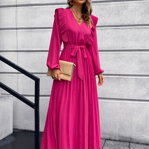 Pleated Surplice Tie Waist Maxi Dress