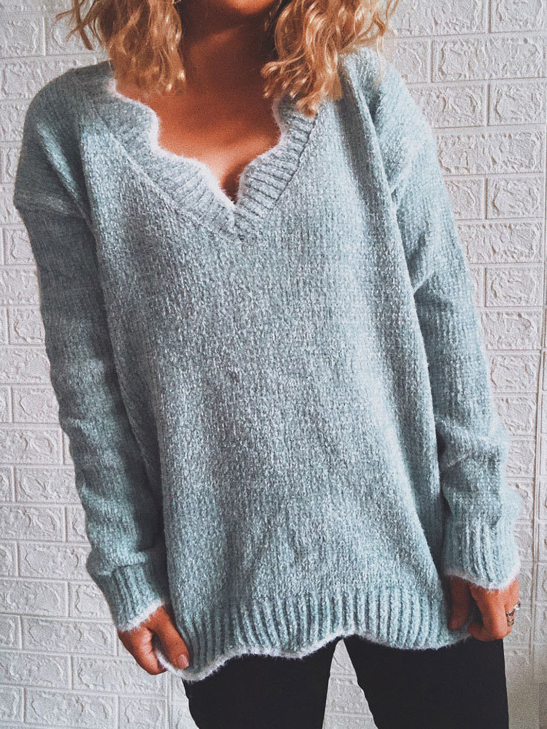 Notched Dropped Shoulder Long Sleeve Sweater