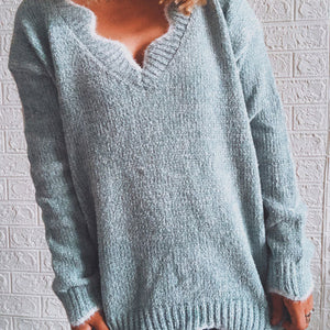 Notched Dropped Shoulder Long Sleeve Sweater