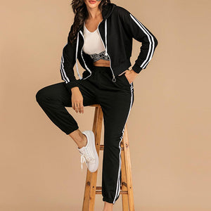 Perfee Drawstring Side Stripe Zip Up Hooded Top and Pants Set