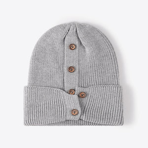 Button Detail Rib-Knit Cuff Beanie