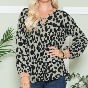 Celeste Full Size Leopard V-Neck Long Sleeve Blouse