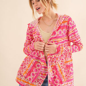 And The Why Full Size Printed Thermal Hooded Open Front Cardigan