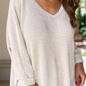 Waffle-Knit Slit V-Neck Long Sleeve Blouse