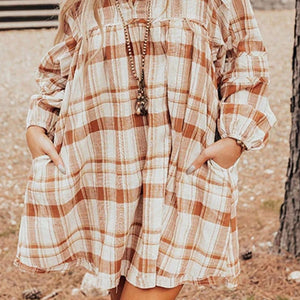 Plaid Collared Neck Long Sleeve Mini Shirt Dress