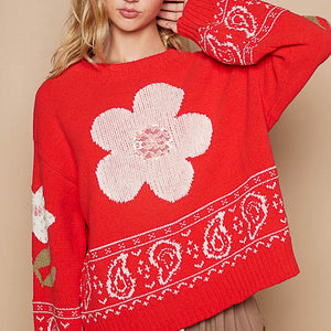 POL Flower Lace Patch Long Sleeve Sweater