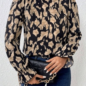 Frill Leopard Mock Neck Flounce Sleeve Blouse