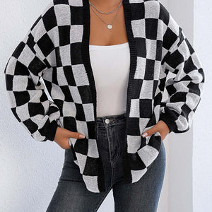 Checkered Open Front Long Sleeve Cardigan