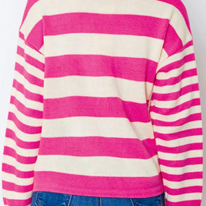 Contrast Stripes Johnny Collar Long Sleeve Sweater