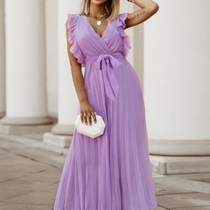 Tied Surplice Cap Sleeve Pleated Dress