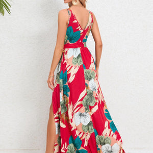 Slit Tied Printed Surplice Dress