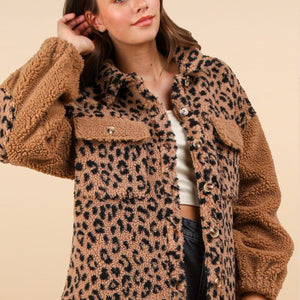 VERY J Fuzzy Leopard Button Down Long Sleeve Jacket