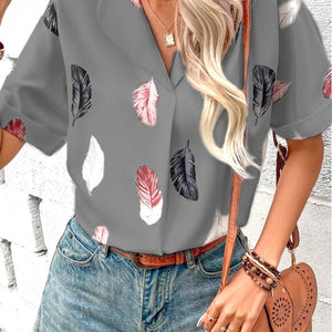 Full Size Printed Collared Neck Short Sleeve Blouse