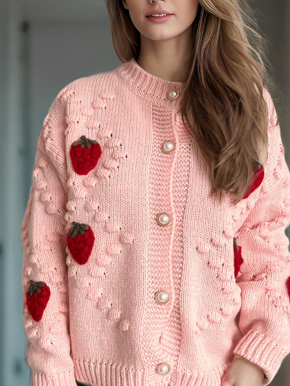 Strawberry Button Down Long Sleeve Cardigan