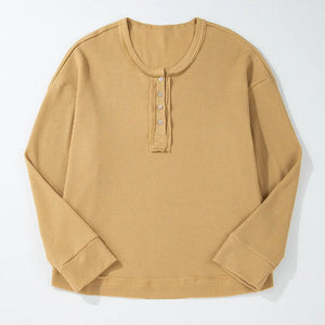 Waffle-Knit Half Button Round Neck Long Sleeve Top