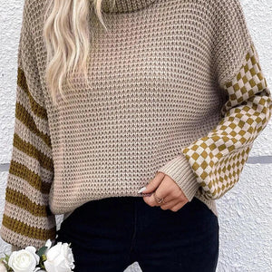 Checkered Striped Turtleneck Long Sleeve Sweater