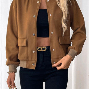 Perfee Baseball Collar Snap Down Long Sleeve Jacket