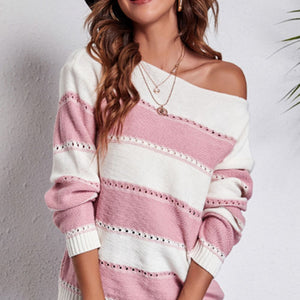 Striped Boat Neck Dropped Shoulder Sweater