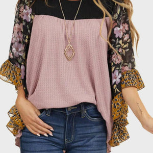 Full Size Printed Round Neck Three-Quarter Sleeve Blouse