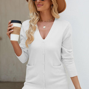 Pocketed V-Neck Button Up Long Sleeve Cardigan