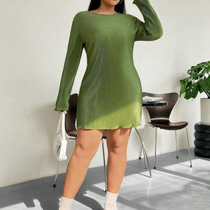 Honey Plus Size Lettuce Hem Round Neck Long Sleeve Dress