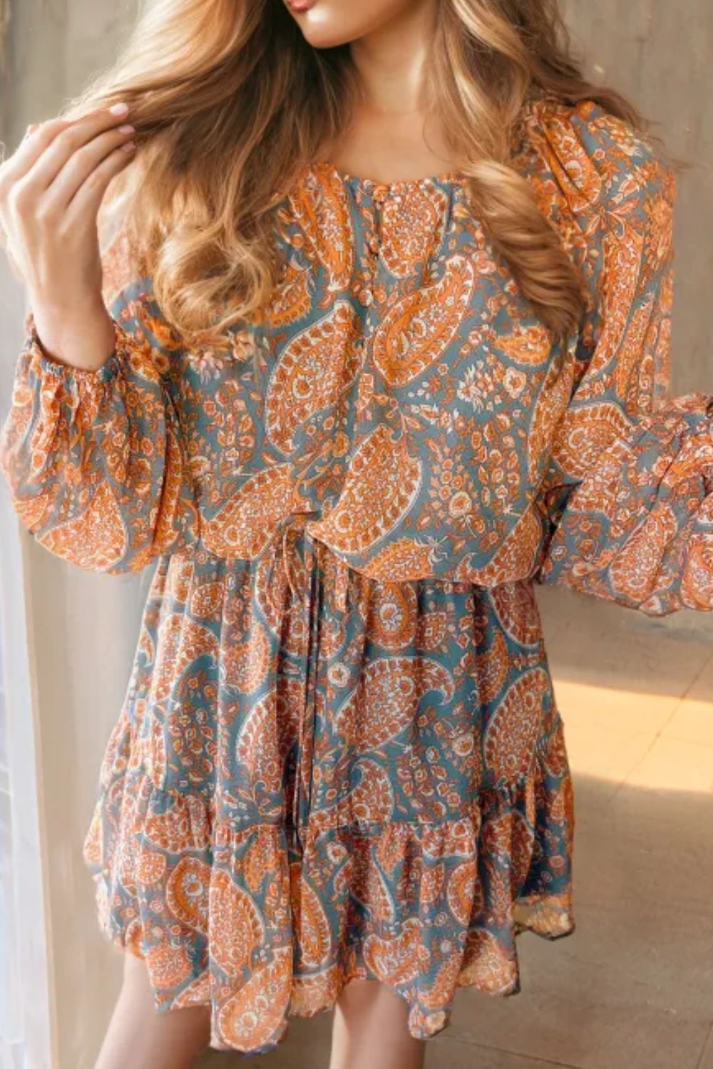 Ruffle Hem Printed Long Sleeve Dress