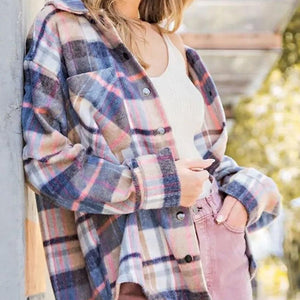 Snap Up Plaid Collared Neck Jacket with Pocket