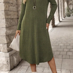 Ribbed Curved Hem Round Neck Long Sleeve Dress