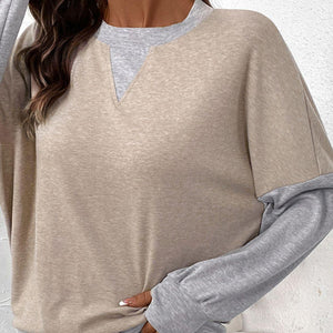 Perfee Contrast Round Neck Long Sleeve T-Shirt