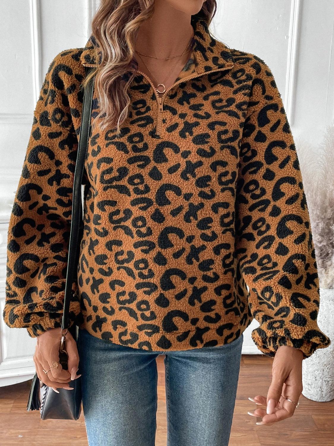 Leopard Half Zip Long Sleeve Sweatshirt