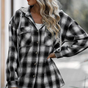 Drawstring Plaid Long Sleeve Hooded Shacket