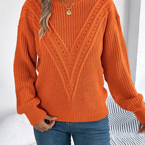 Openwork Round Neck Long Sleeve Sweater