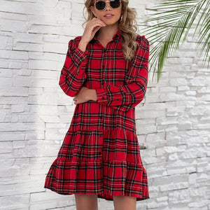 Ruffle Hem Plaid Button Down Long Sleeve Dress