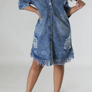 Distressed Raw Hem Button Up Denim Dress