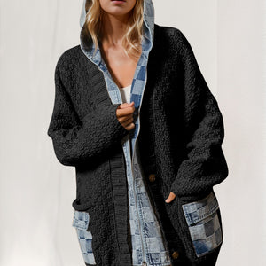 Double Take Full Size Hooded Denim Spliced Sweater Cardigan