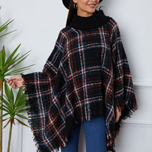 Shiny Turtleneck Plaid Raw Hem Sweater