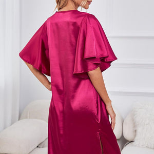 Satin Flutter Sleeve Side Slit V-Neck Night Dress