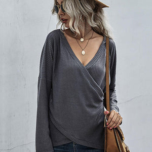 Perfee Waffle-Knit Surplice Long Sleeve Top