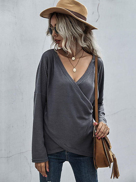 Perfee Waffle-Knit Surplice Long Sleeve Top