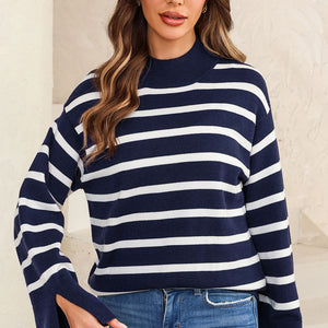 Striped Slit Drop Shoulder Sweater