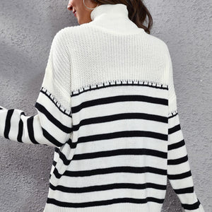 Striped Turtleneck Drop Shoulder Sweater