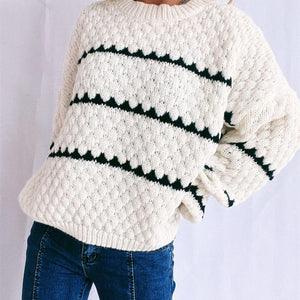 Contrast Stripes Round Neck Long Sleeve Sweater