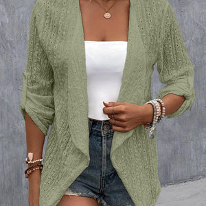 Eyelet Roll-Tab Sleeve Cardigan