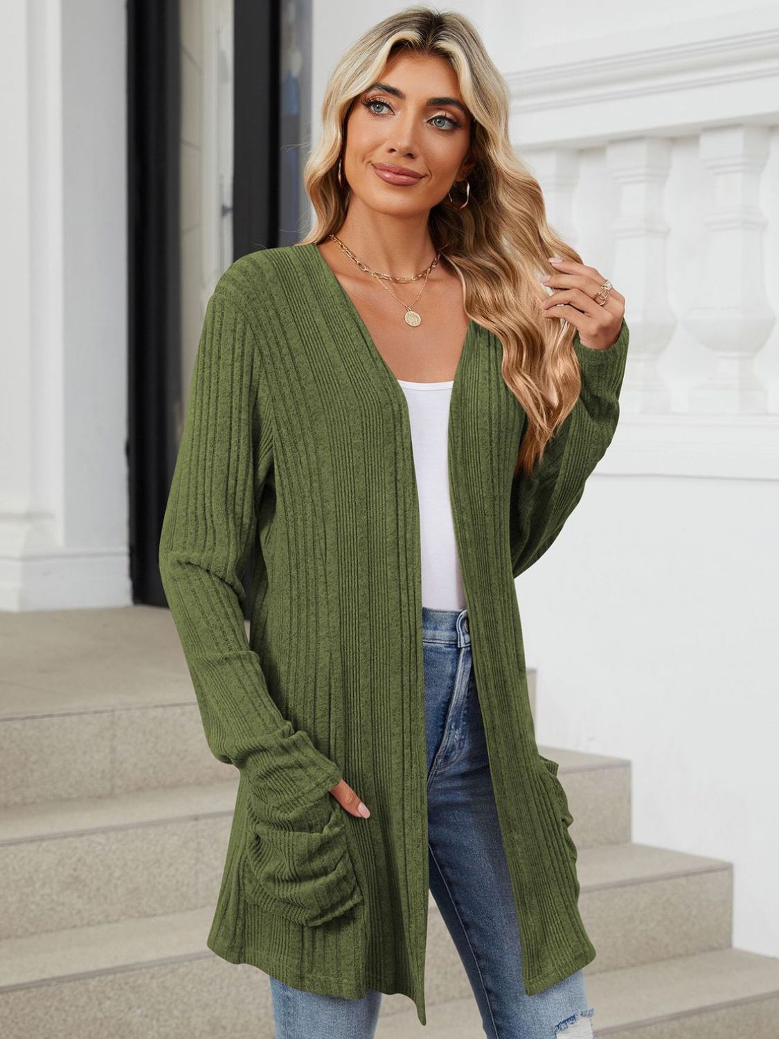 Pocketed Open Front Long Sleeve Cardigan