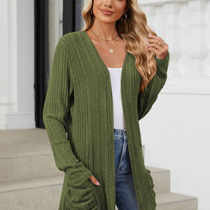 Pocketed Open Front Long Sleeve Cardigan