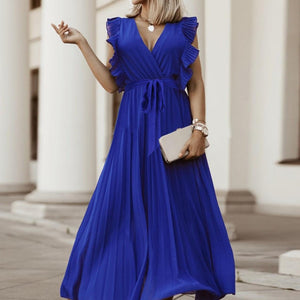 Tied Surplice Cap Sleeve Pleated Dress