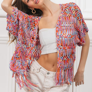 BiBi Open Front Fringed Crop Knit Cardigan