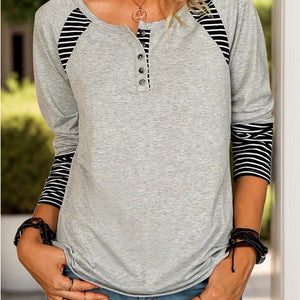 Full Size Striped Quarter Button Long Sleeve T-Shirt