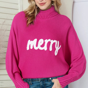 Merry Letter Embroidered High Neck Sweater