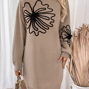 Perfee Flower Mock Neck Long Sleeve Sweater Dress